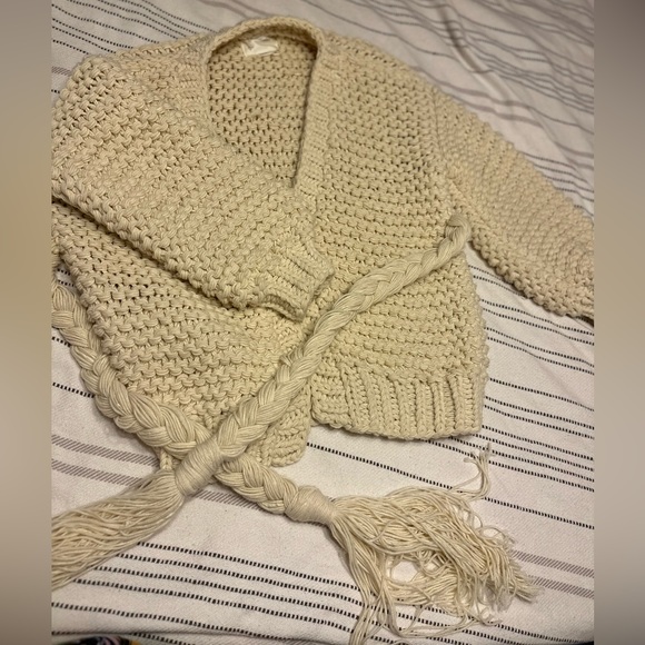Anthropologie Chunky Knit Cardigan Coxy Natural ONE SIZE Ivory Belted - Picture 11 of 14